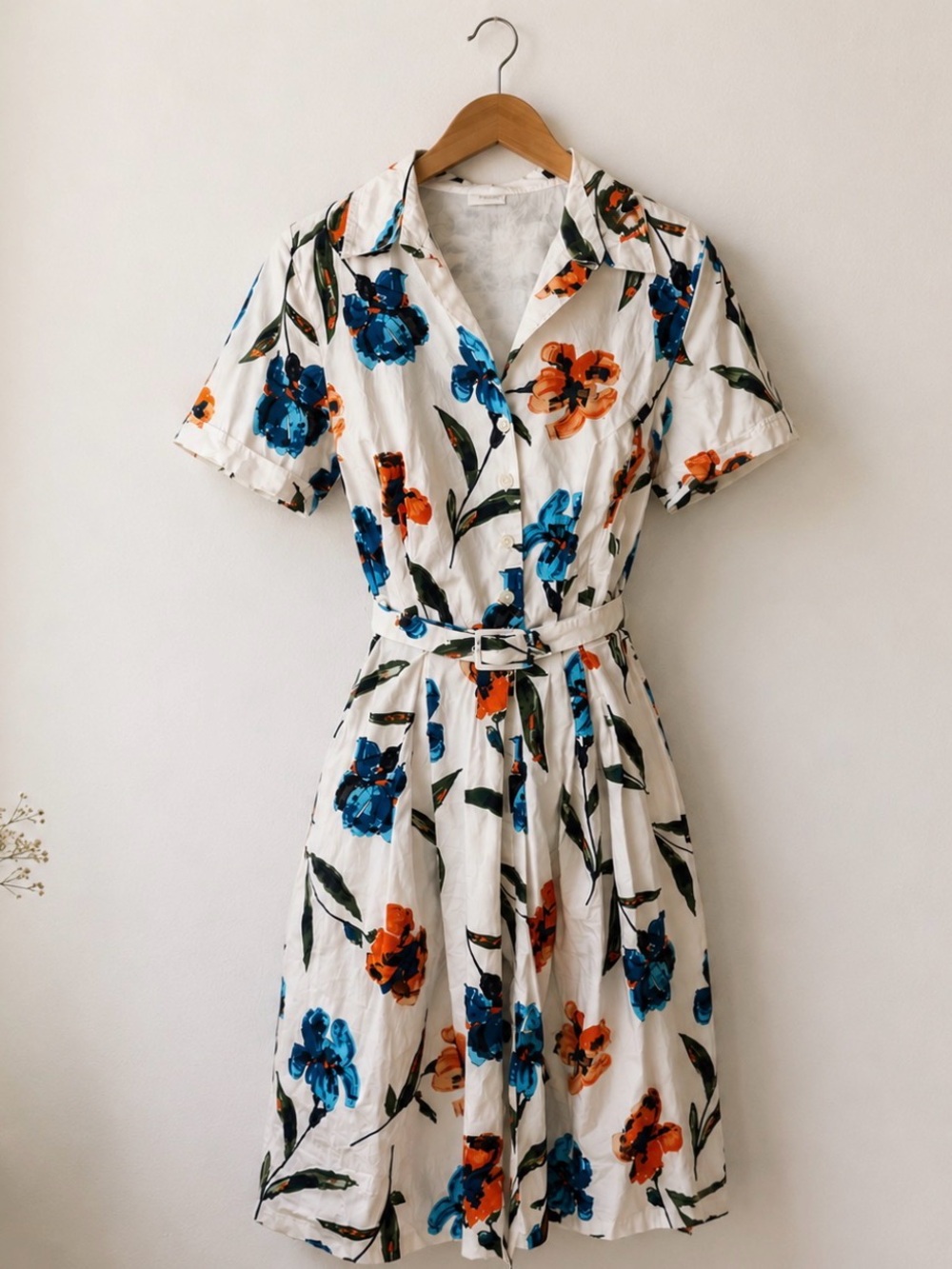 Vintage Frances Valentine Women's White Floral Short Sleeve Belted Dress Large
